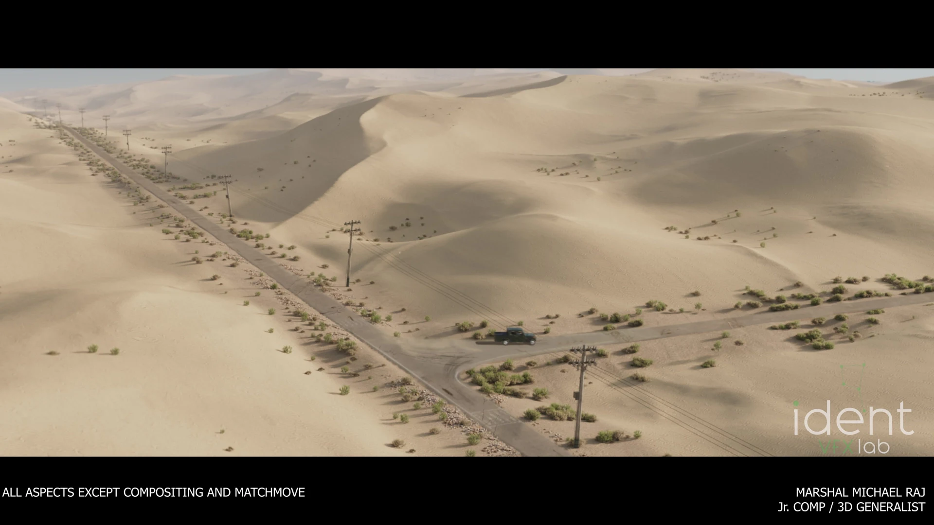 An aerial view of cars crossing golden desert dunes in MR.X