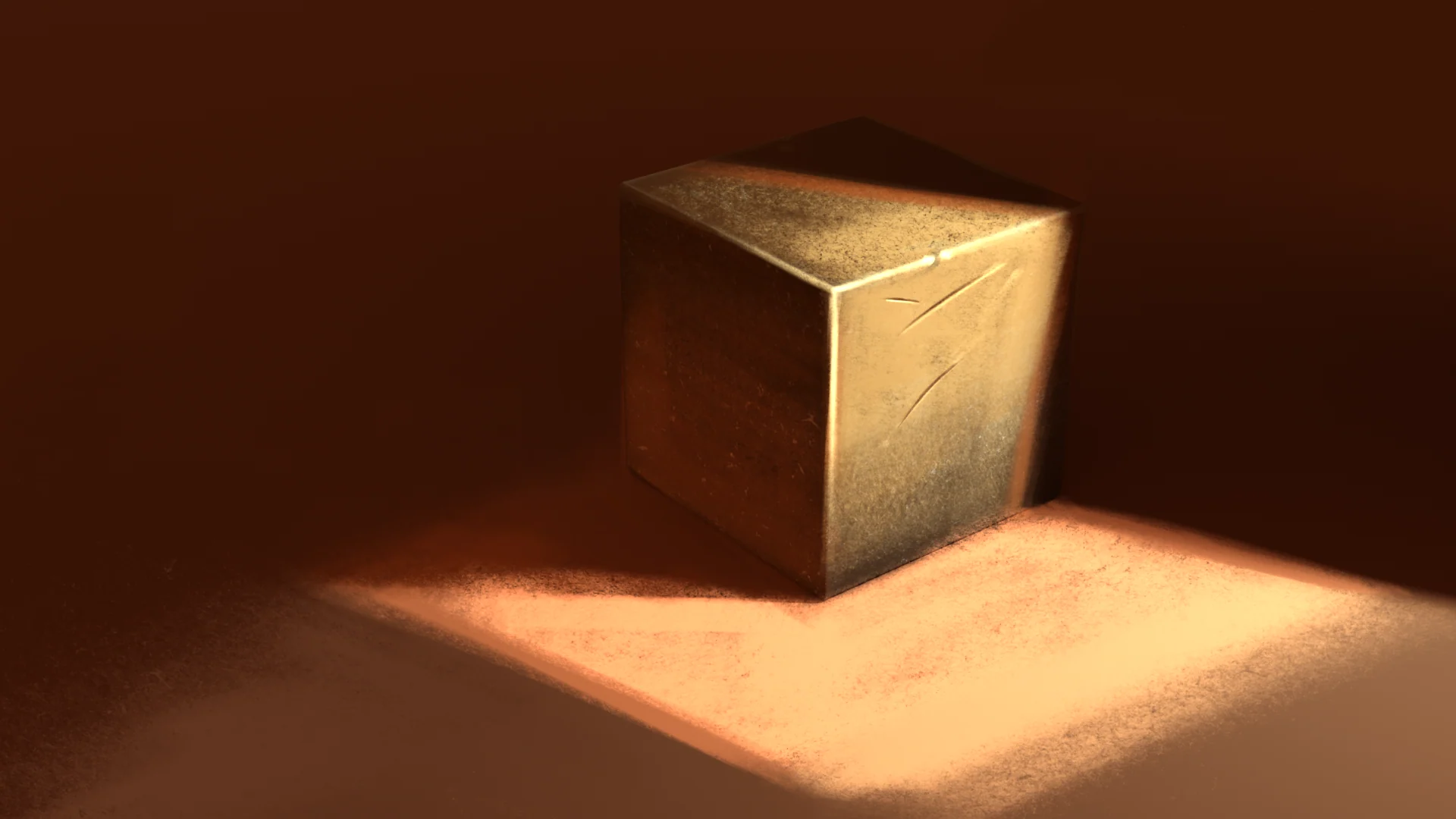 A wooden cube catches warm light on a square pedestal against a dark brown background.