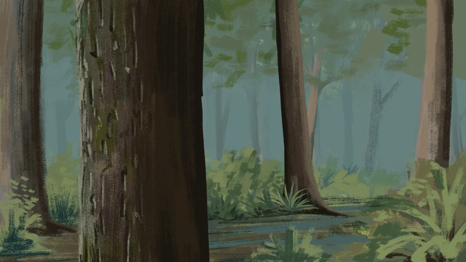 Tall tree trunks rise above ferns and a stream in a misty green forest.