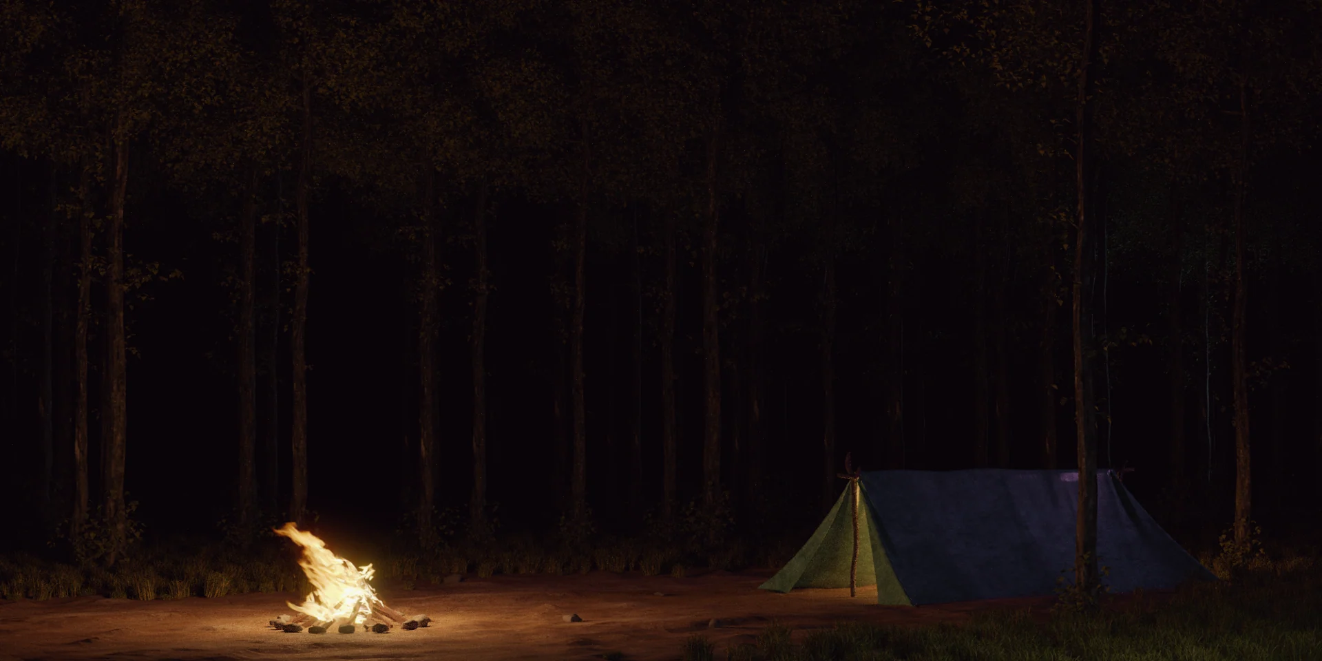 A bright campfire burns beside a tent at the edge of a dark forest.