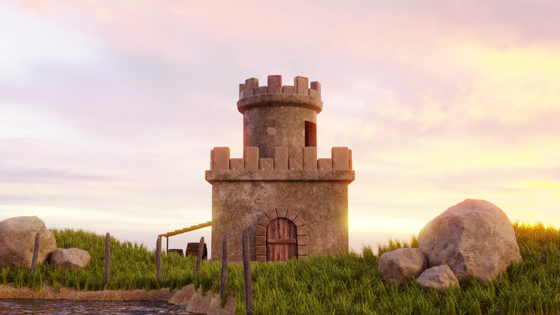A small round stone castle tower stands among grass and boulders beneath a pastel sunset.