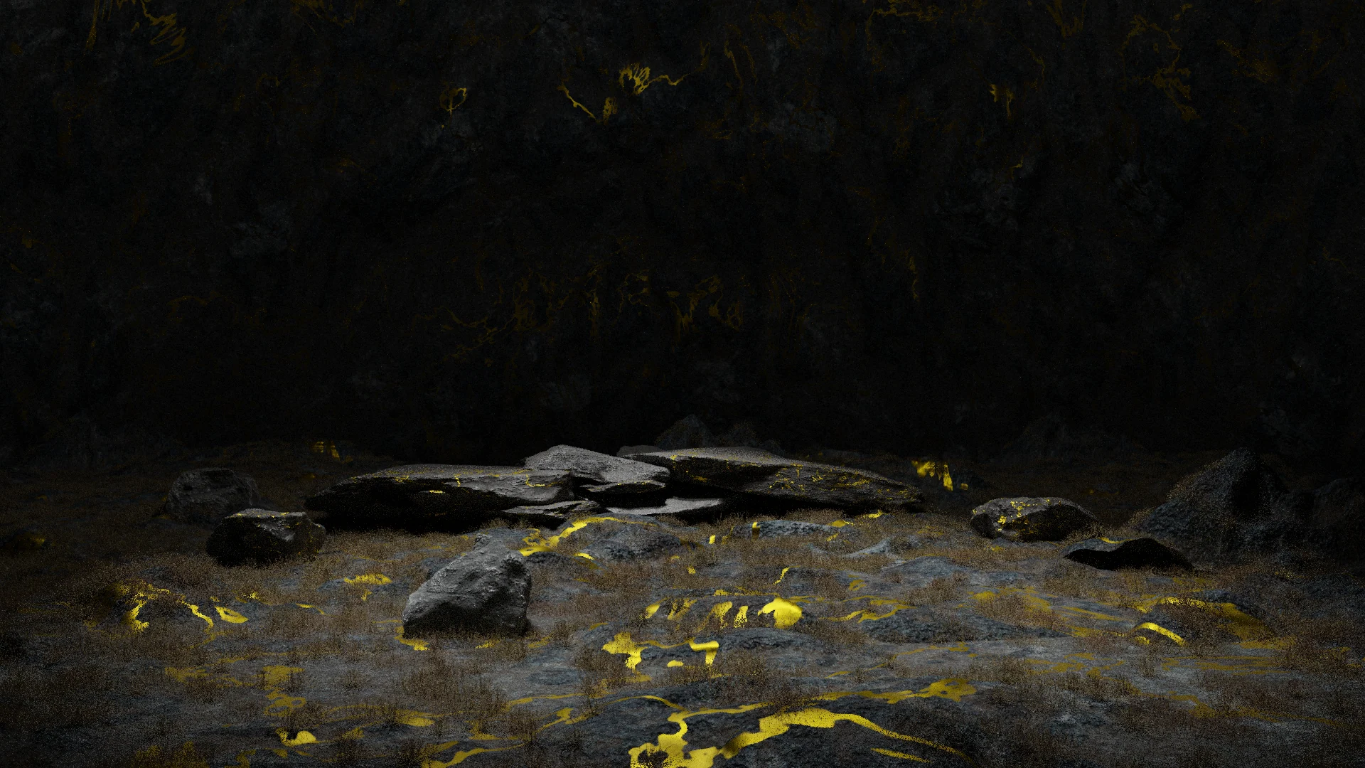 Dark layered rocks and wet ground catch scattered yellow reflections inside a cave.
