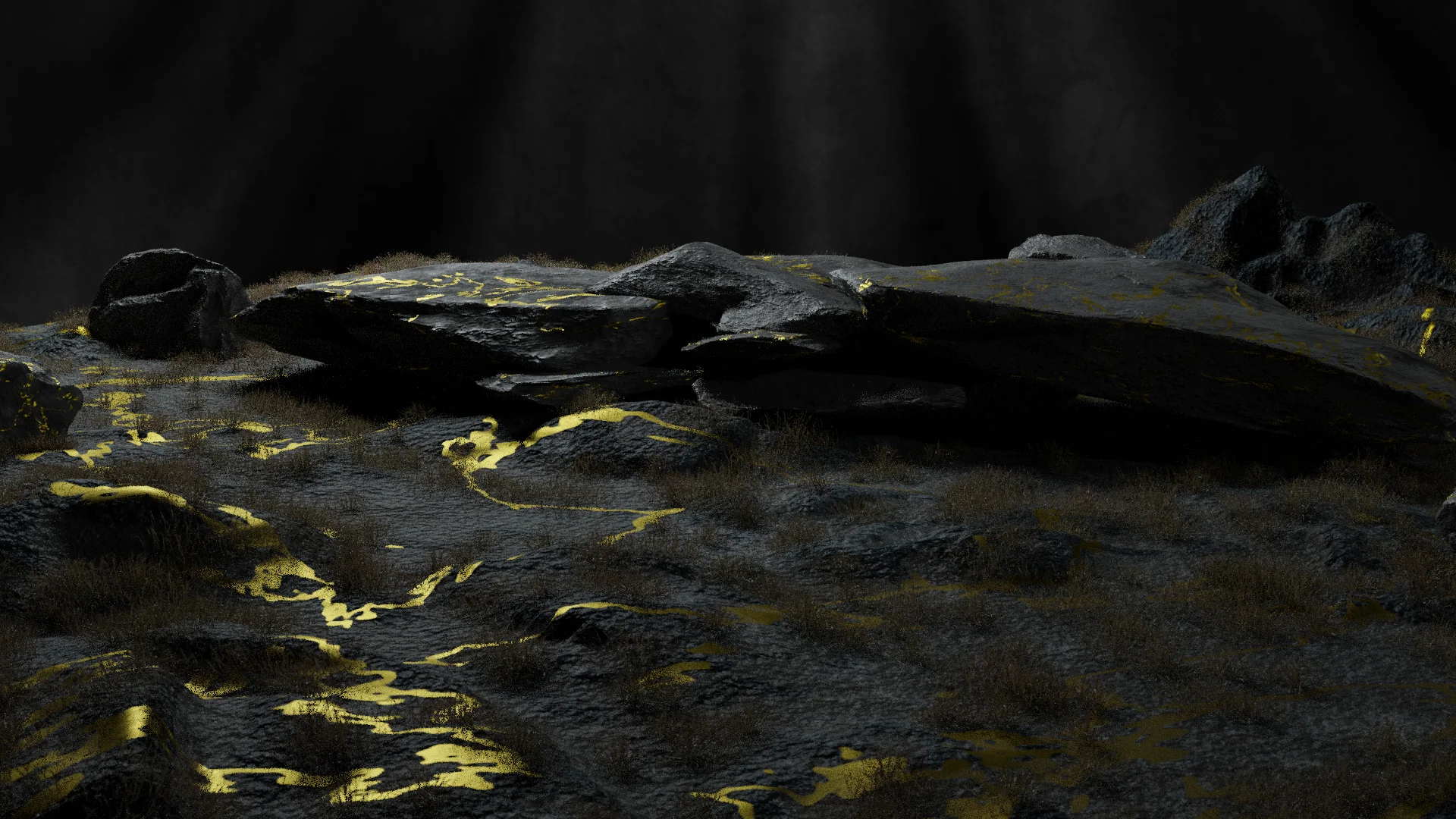 Shafts of light fall across layered cave rocks and yellow reflections on wet ground.