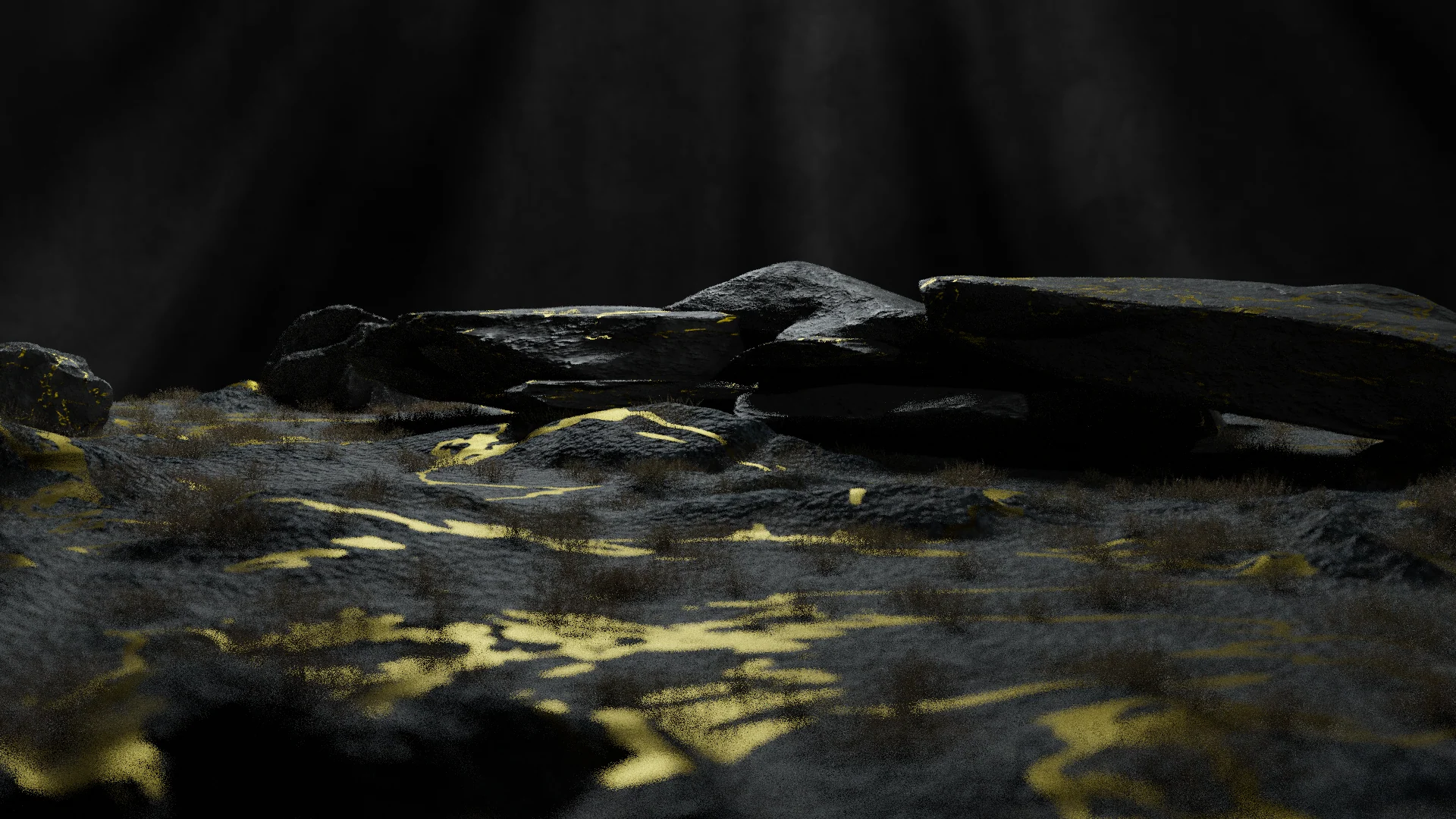 A low view across reflective cave ground toward layered dark rocks and soft shafts of light.