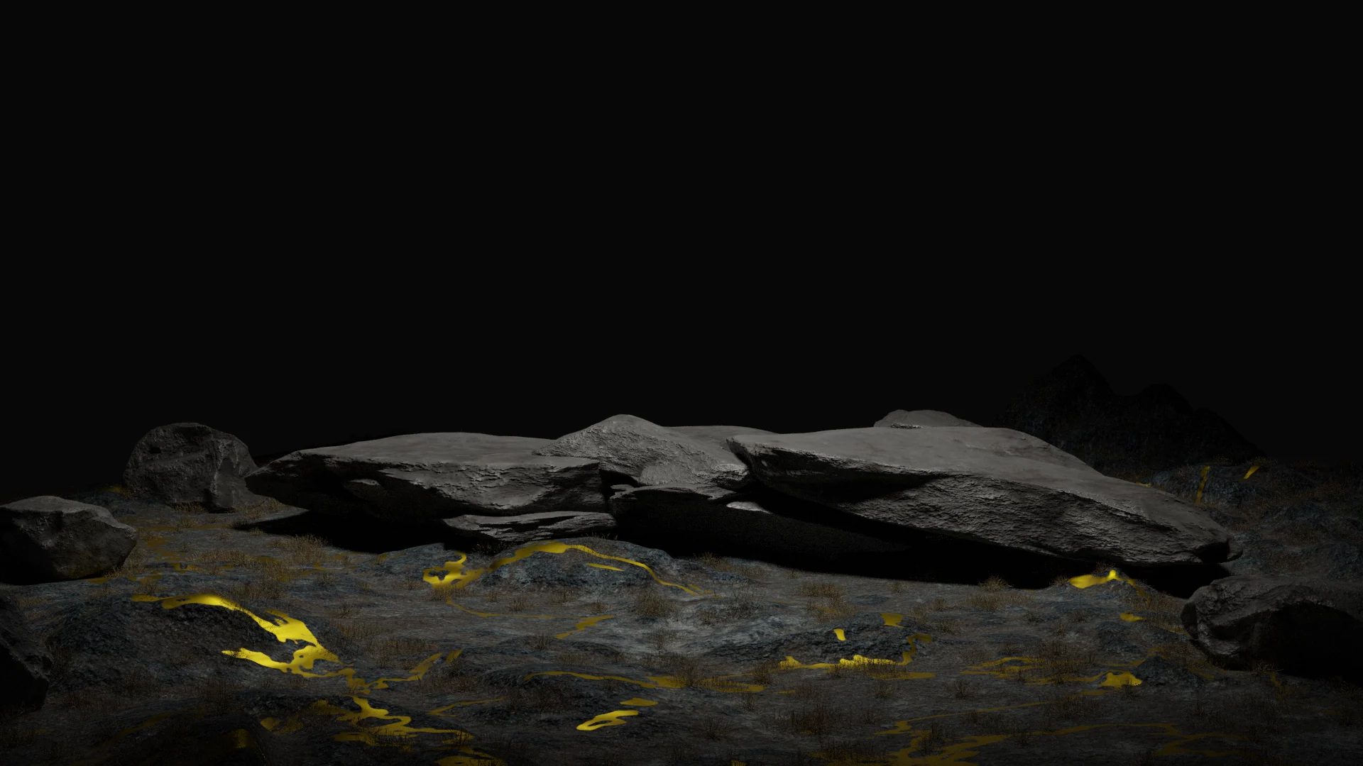 Flat gray rocks emerge from a dark cave floor with thin yellow reflections.