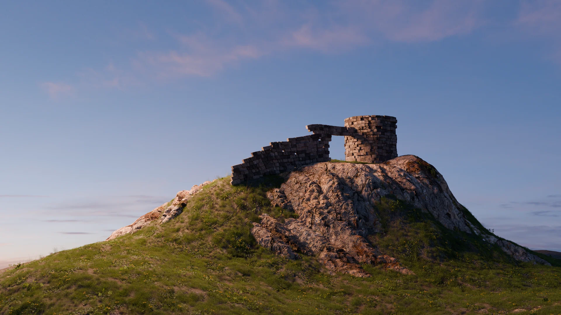 A ruined stone wall and round tower stand on a rocky green hill beneath a blue sky.