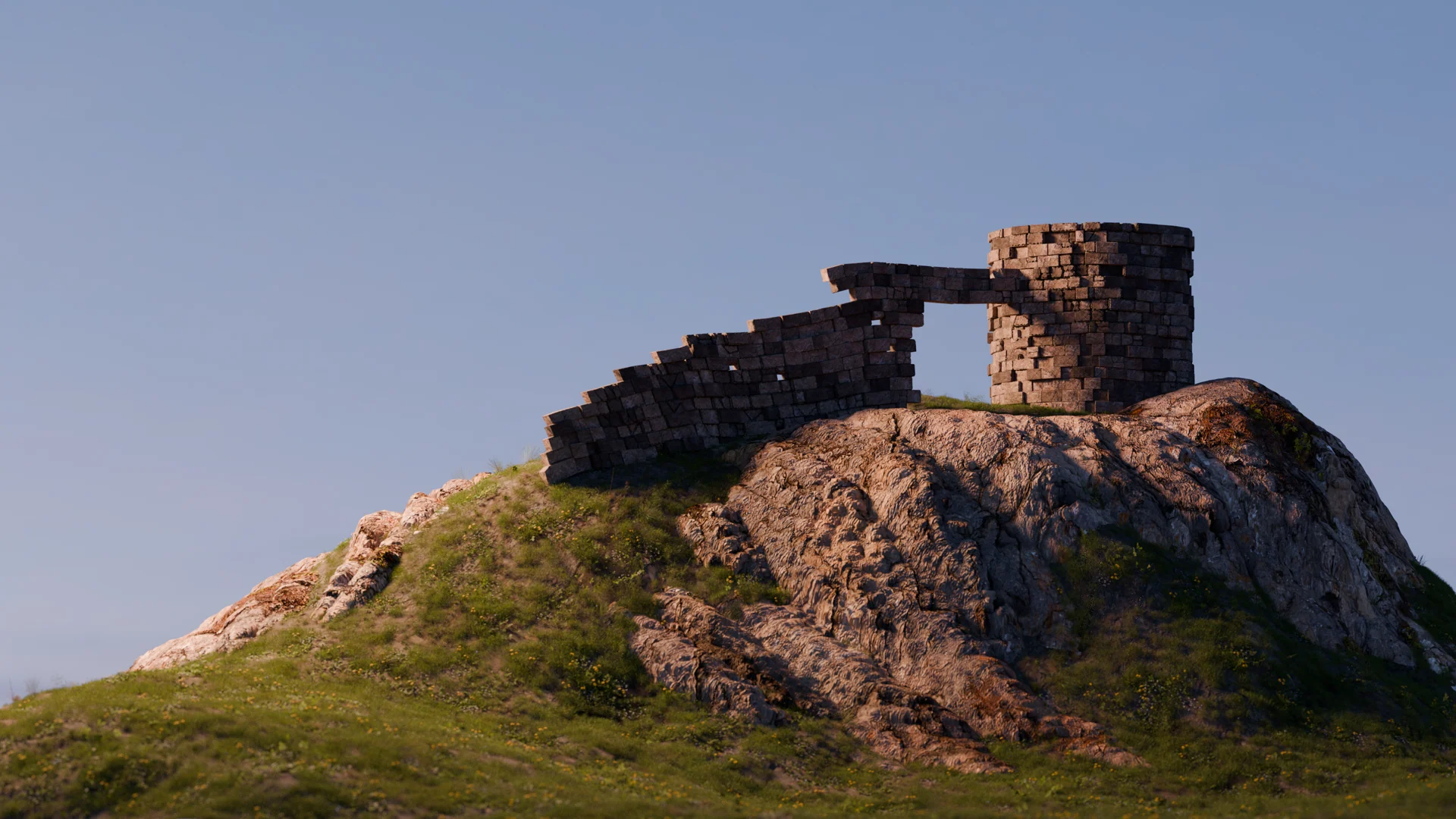 A closer view of a ruined stone wall and round tower on a sunlit rocky hill.