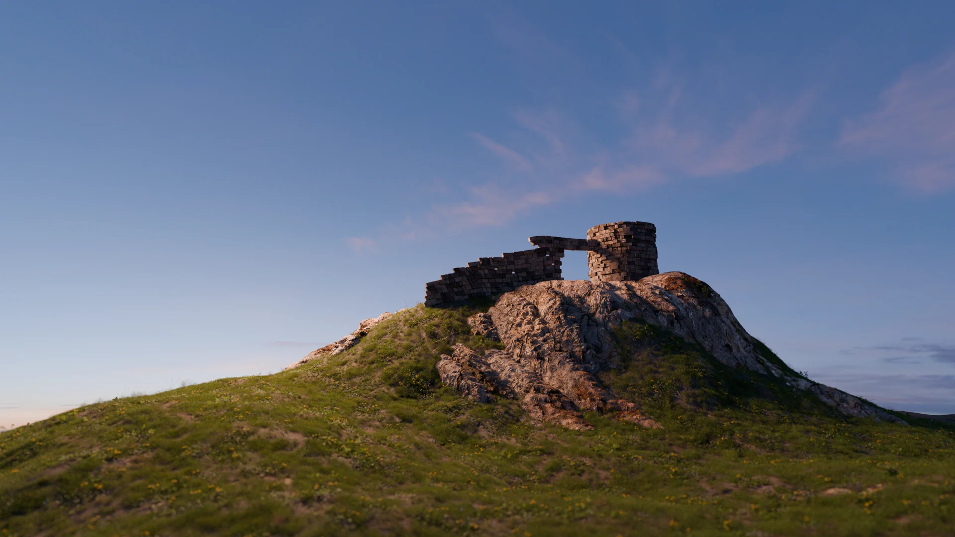 A wide grassy hill rises to a ruined stone wall and round tower beneath pink clouds.