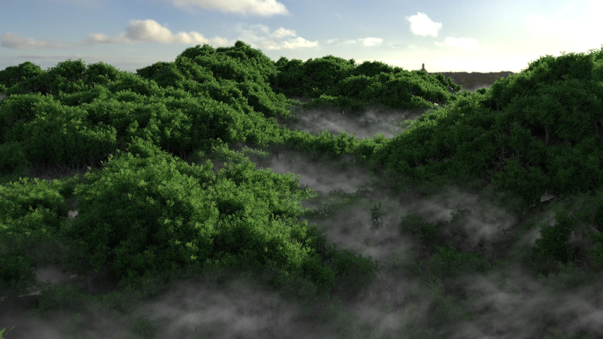 Low mist drifts between densely wooded green hills beneath a bright sky.