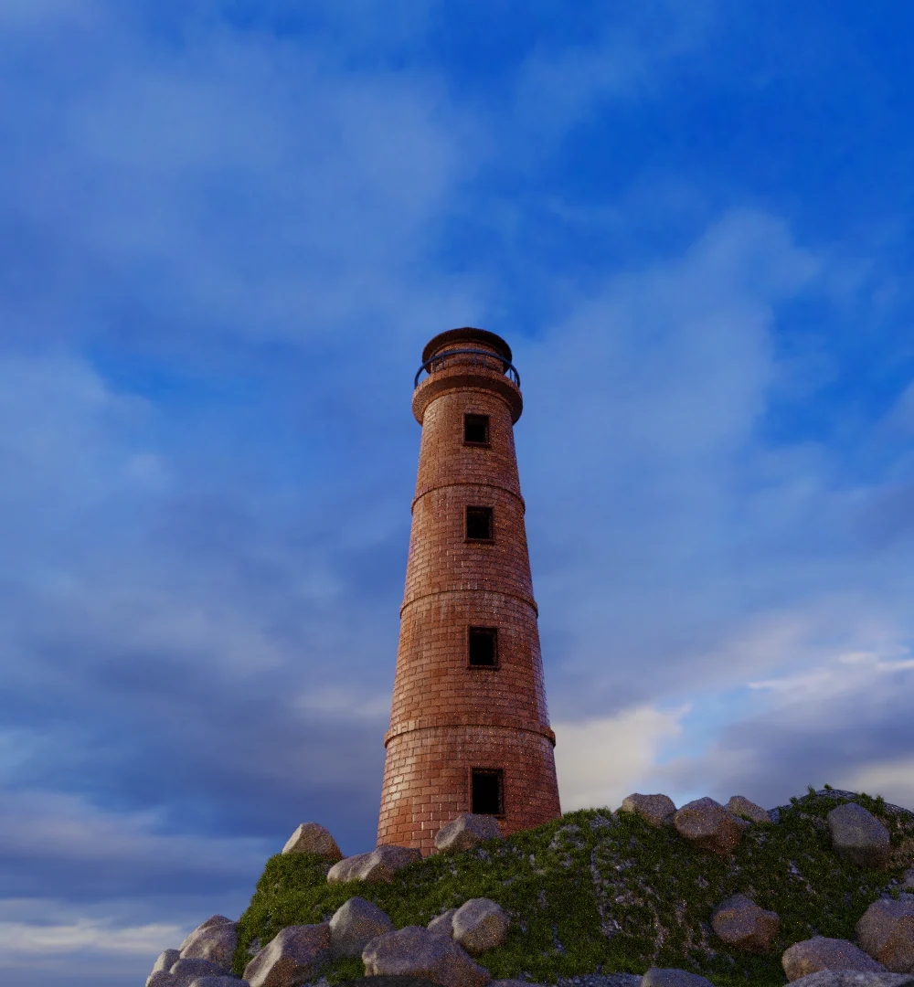 A tall cylindrical brick lighthouse rises from a rocky slope into a blue, clouded sky.