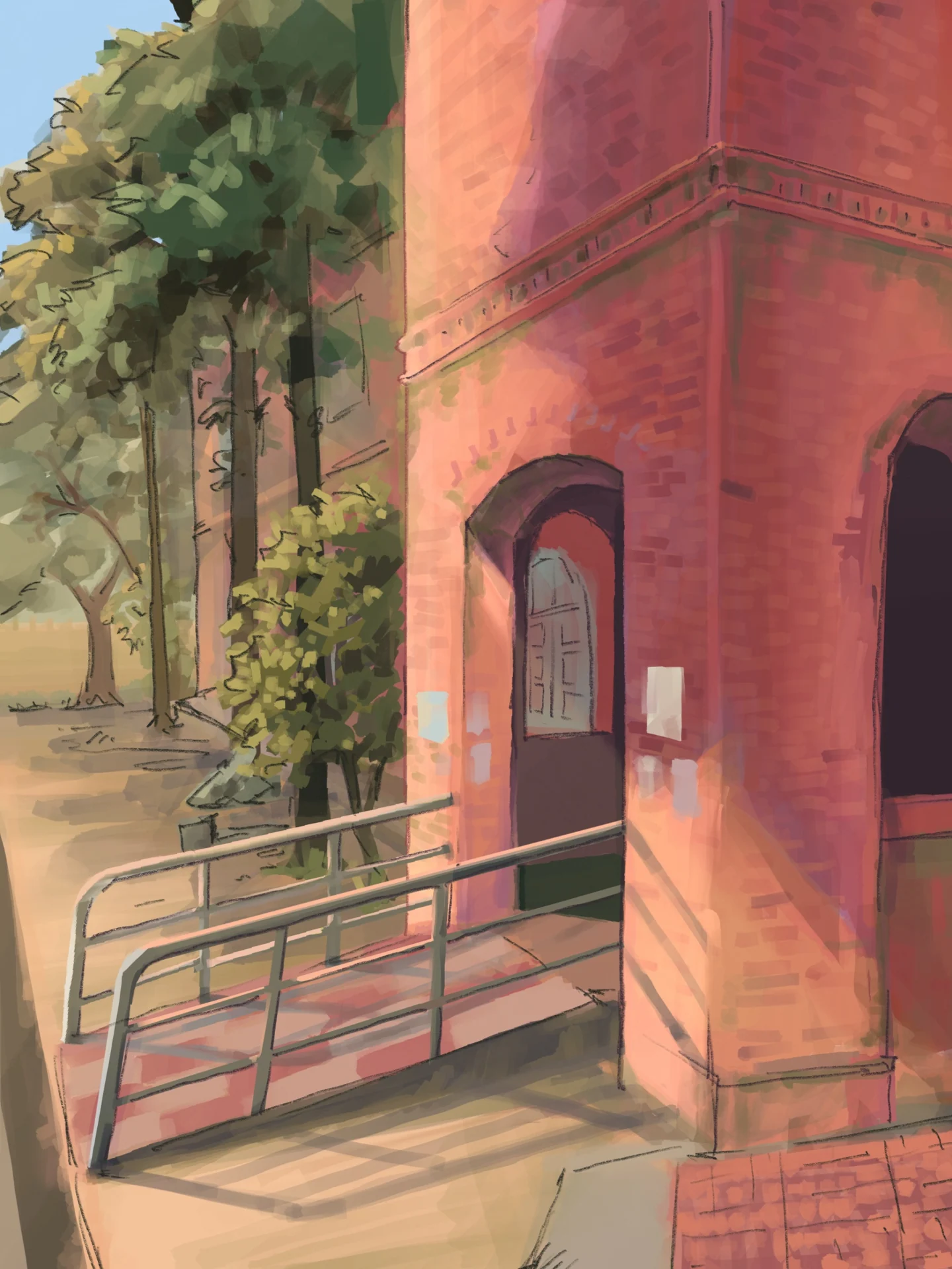 A red building entrance beside a shaded tree-lined walkway and metal handrail.