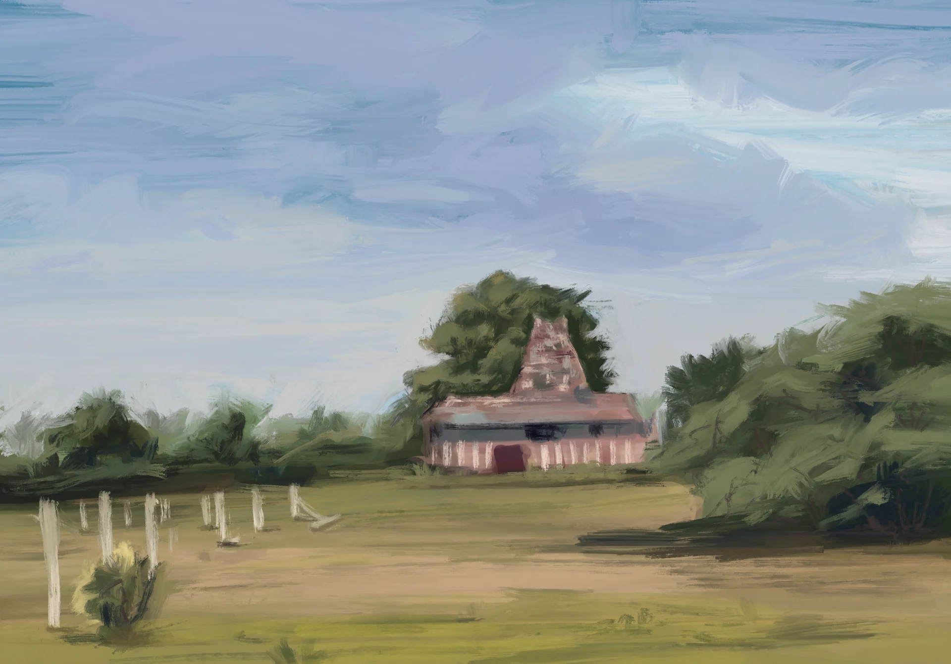 A small pink temple stands beside trees across an open grassy field beneath a cloudy sky.