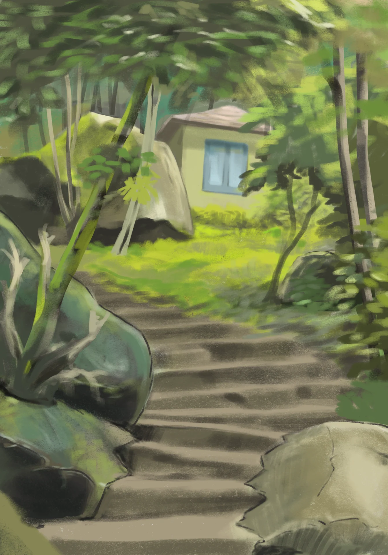 Stone steps wind through lush greenery toward a small pale house.