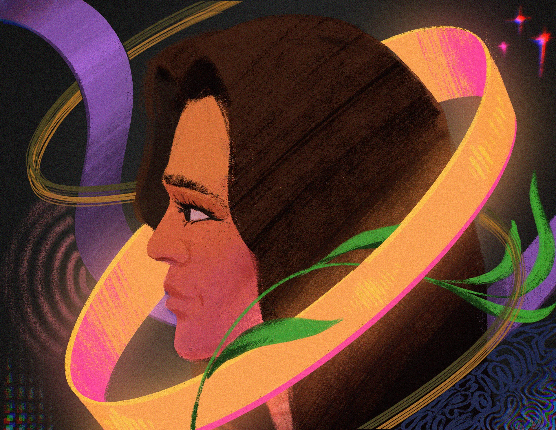 A woman in profile surrounded by glowing orange, pink, purple, and green ribbons.