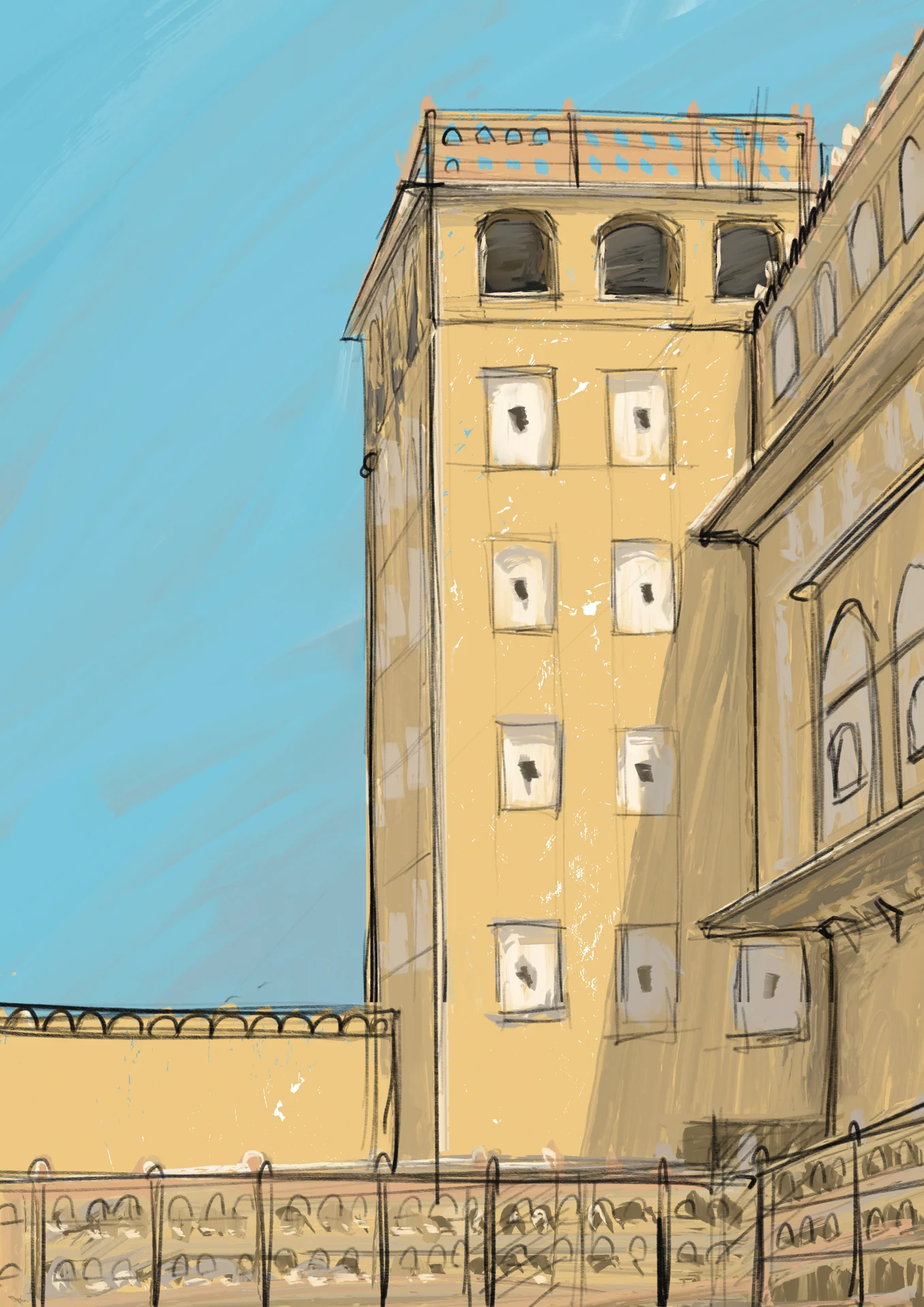 A tall ochre building with rows of windows beneath a bright blue sky.