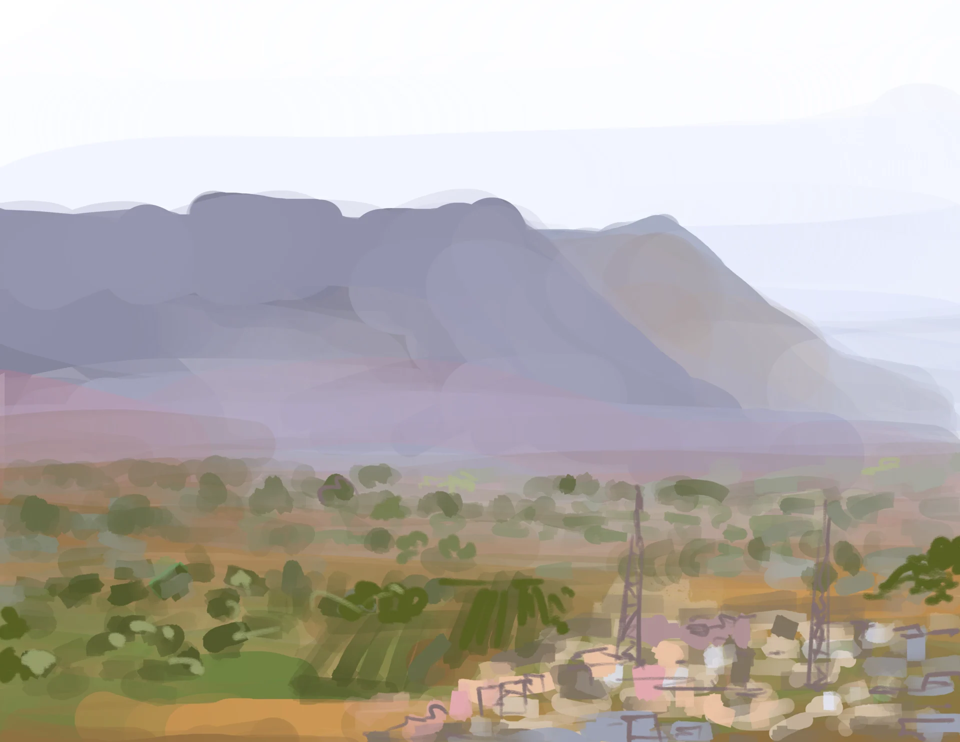 A broad flat-topped mountain overlooks a green valley and scattered buildings.