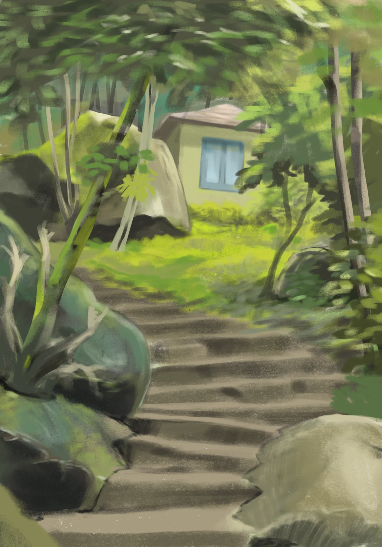 Stone steps climb through dense tropical plants toward a small pale house.