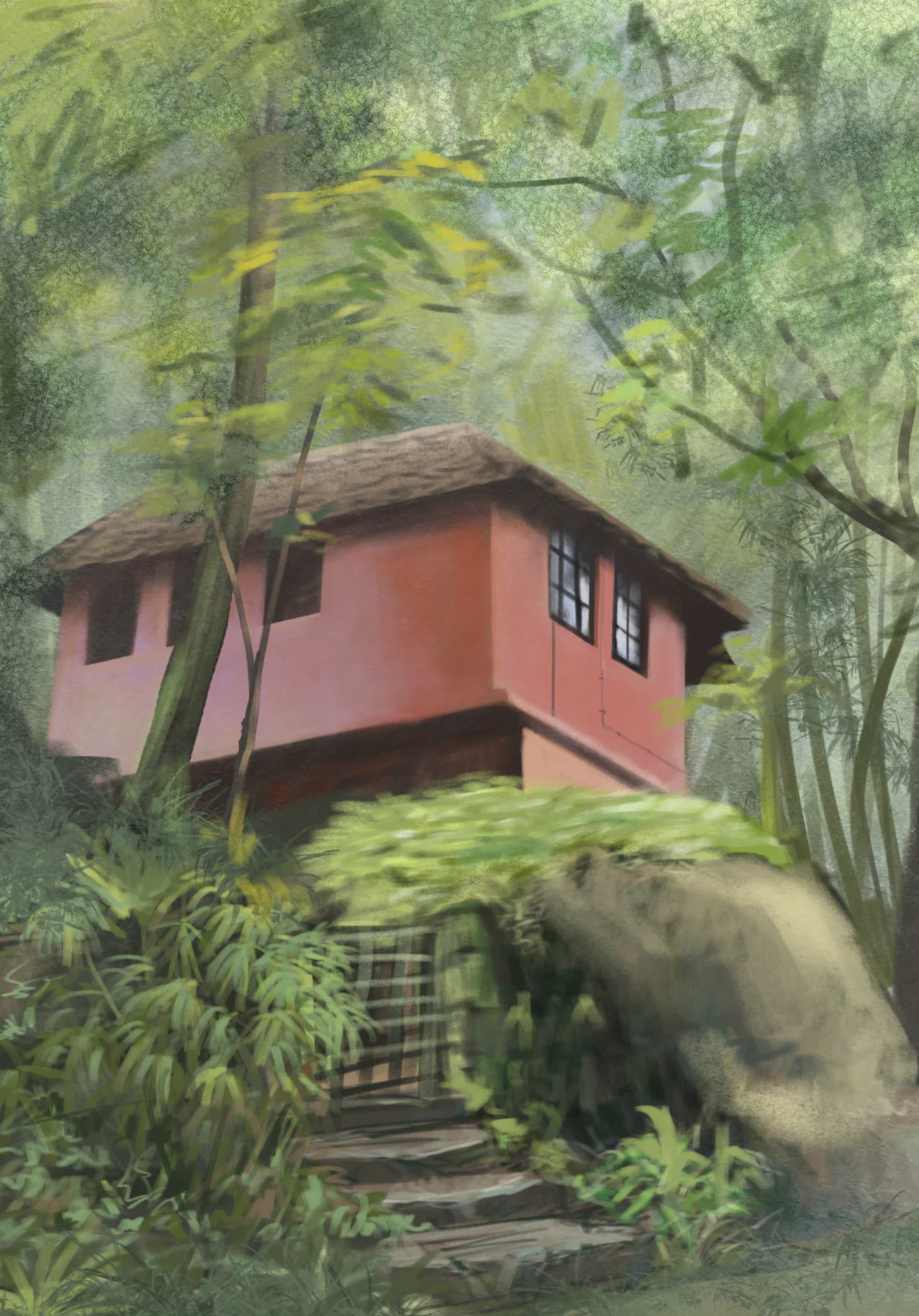 A pink hillside cottage sits above stone steps amid dense trees and mossy rocks.