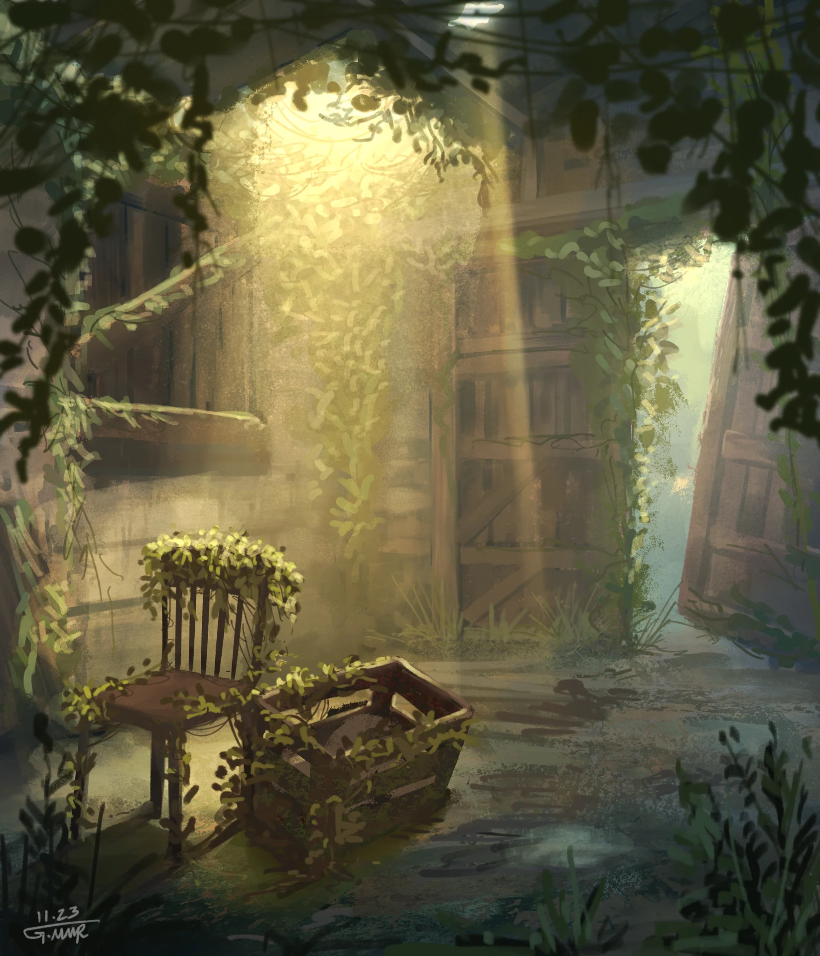 Sunbeams illuminate a wooden chair and chest inside an overgrown, shadowy room.
