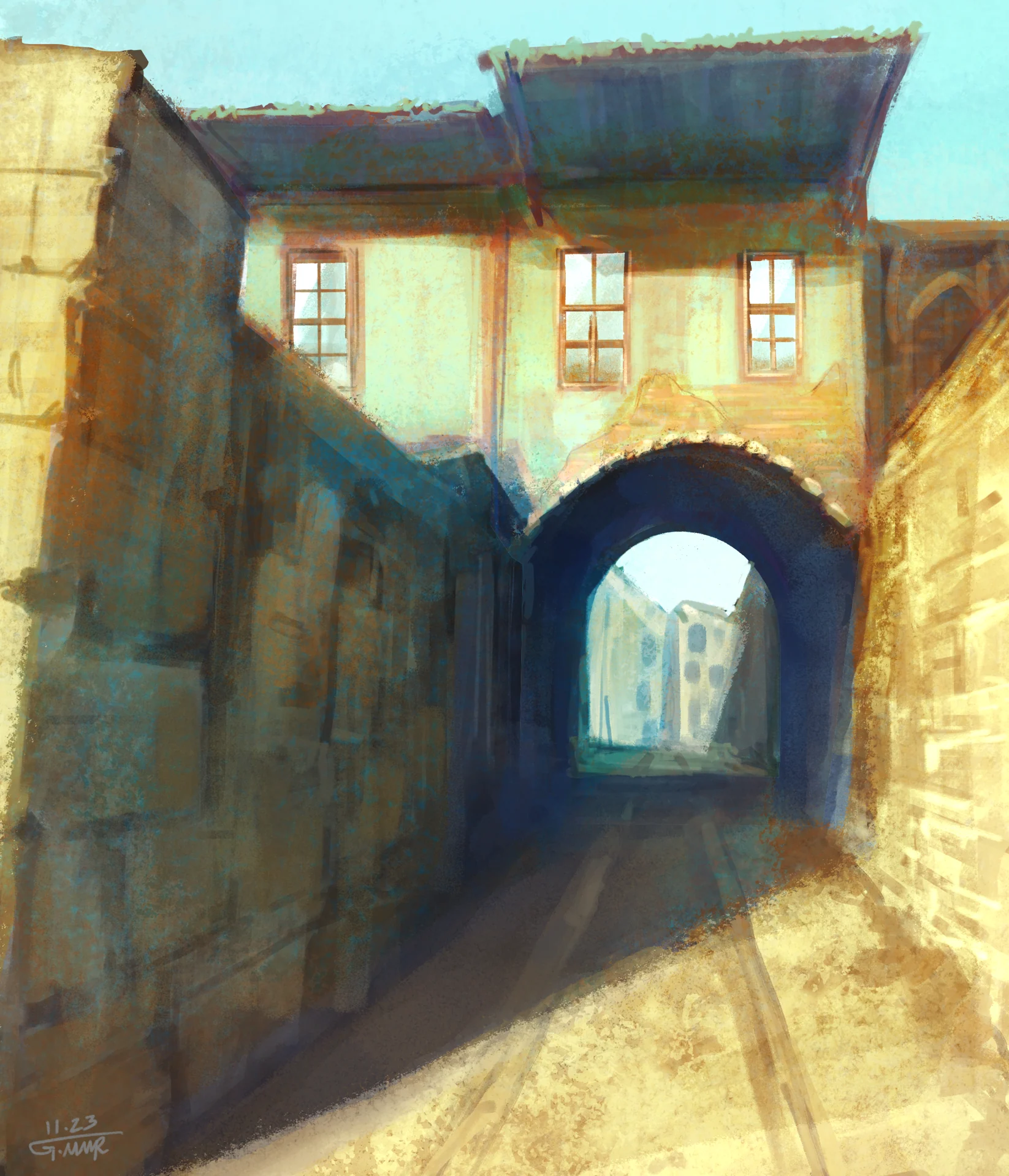 A sunlit stone passage leads through a dark archway beneath a turquoise building.