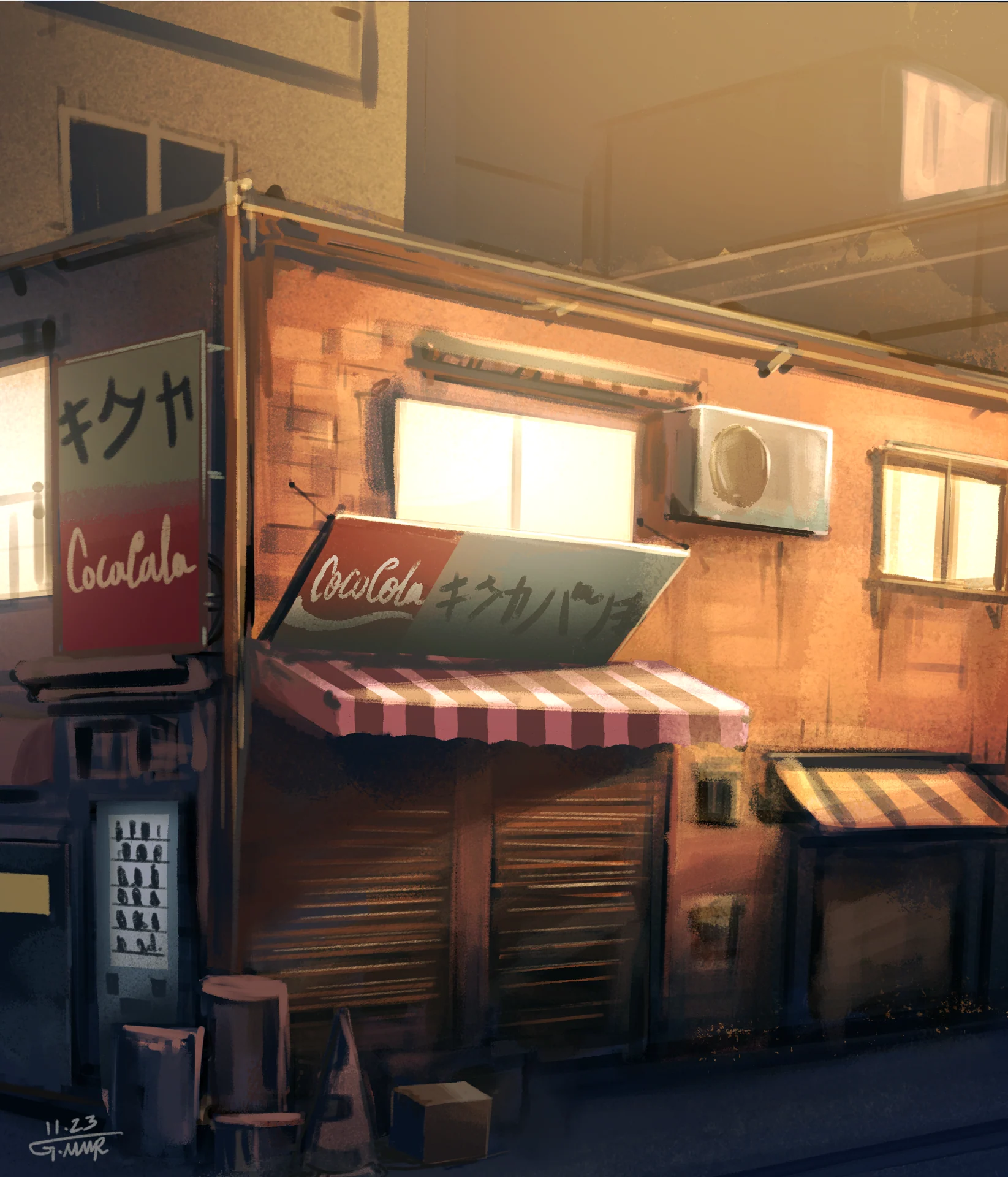 An amber-lit corner shop with striped awnings sits among dark buildings at night.