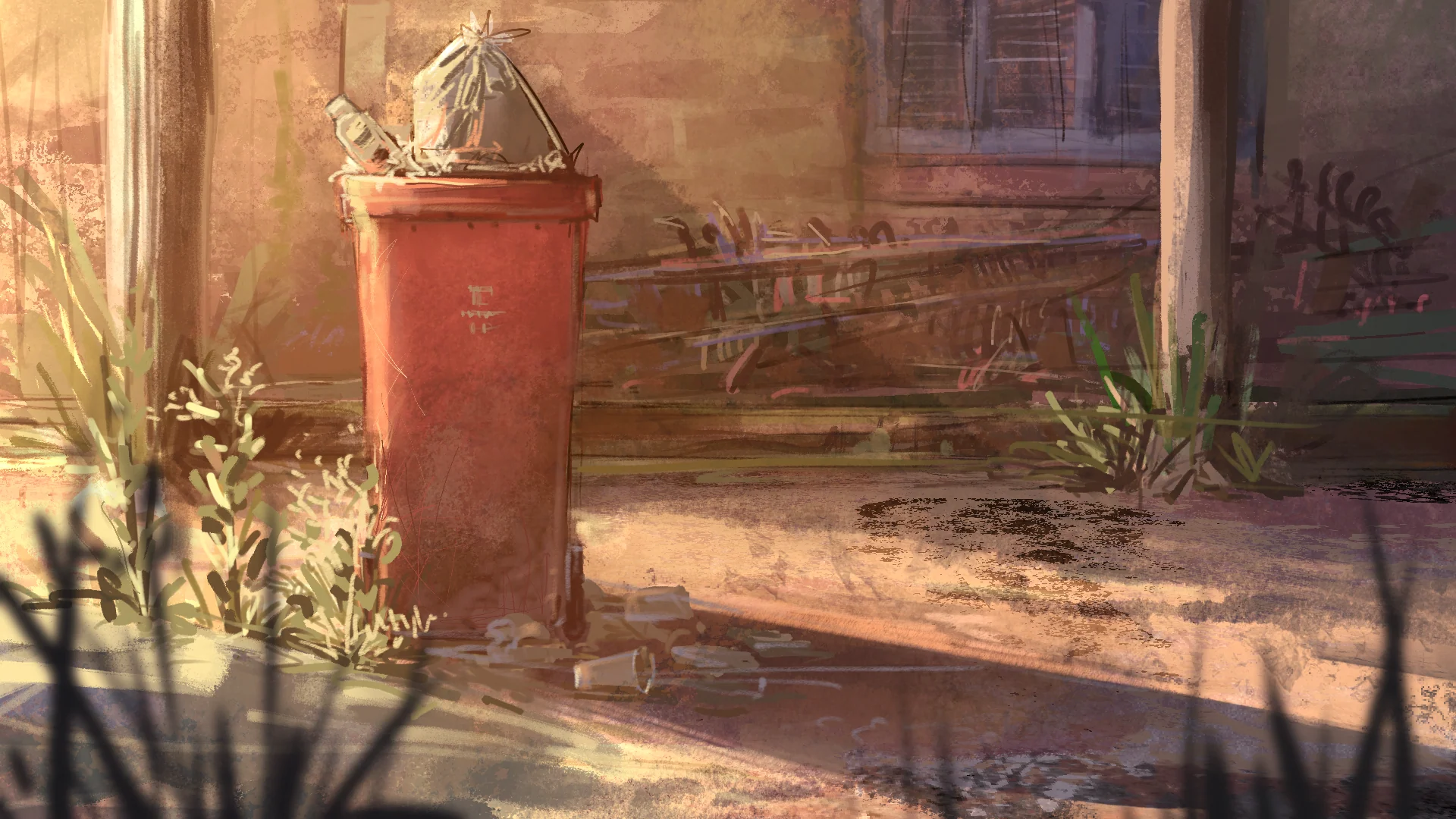 Warm sunlight crosses an overgrown courtyard with a red pedestal and weathered walls.
